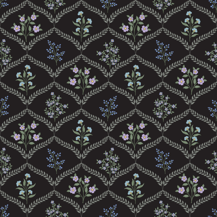 The Joyful Meadow Wallpaper brings natural beauty indoors with delicate sprigs of wildflowers arranged in a soft diamond lattice pattern.