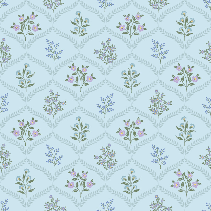 The Joyful Meadow Wallpaper brings natural beauty indoors with delicate sprigs of wildflowers arranged in a soft diamond lattice pattern.