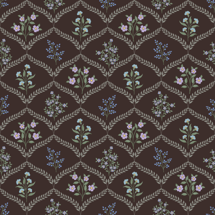 The Joyful Meadow Wallpaper brings natural beauty indoors with delicate sprigs of wildflowers arranged in a soft diamond lattice pattern.