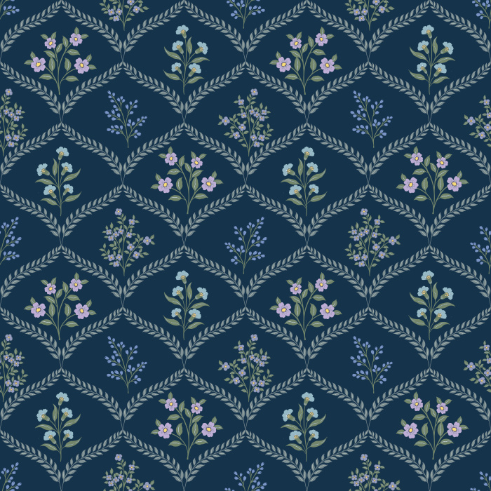The Joyful Meadow Wallpaper brings natural beauty indoors with delicate sprigs of wildflowers arranged in a soft diamond lattice pattern.