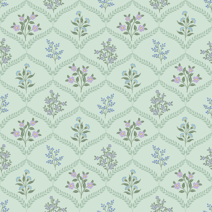 The Joyful Meadow Wallpaper brings natural beauty indoors with delicate sprigs of wildflowers arranged in a soft diamond lattice pattern.