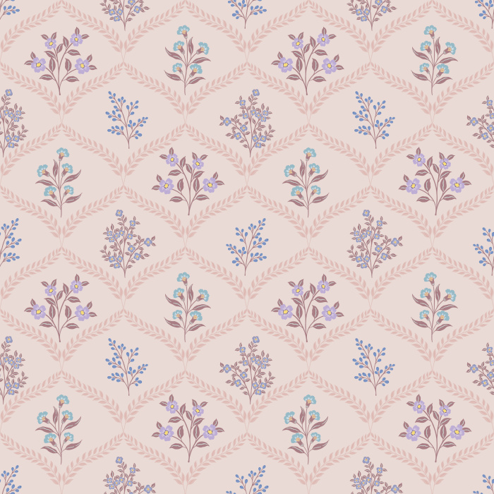 The Joyful Meadow Wallpaper brings natural beauty indoors with delicate sprigs of wildflowers arranged in a soft diamond lattice pattern.