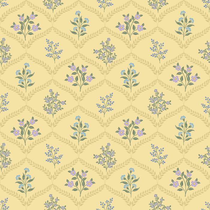 The Joyful Meadow Wallpaper brings natural beauty indoors with delicate sprigs of wildflowers arranged in a soft diamond lattice pattern.
