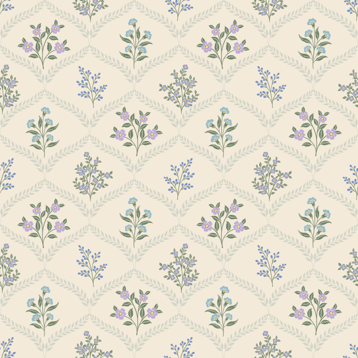 The Joyful Meadow Wallpaper brings natural beauty indoors with delicate sprigs of wildflowers arranged in a soft diamond lattice pattern.