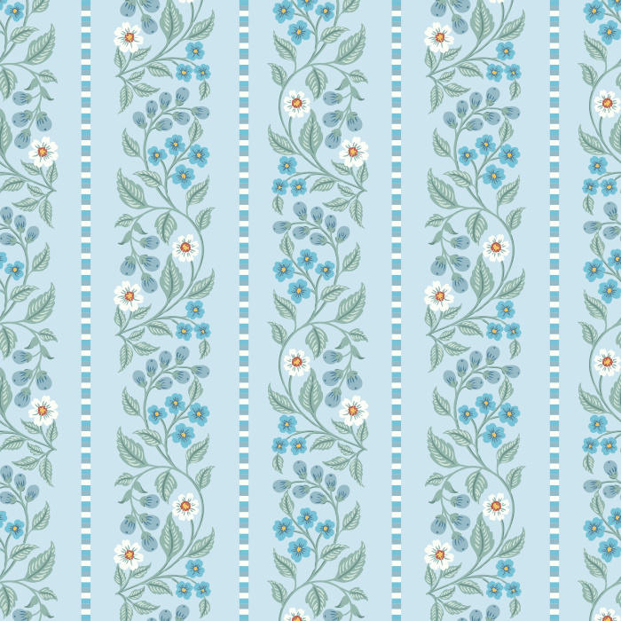 The Blossom Stripes Wallpaper combines soft floral beauty with classic symmetry, featuring vertical vines of pink, blue, and peach blossoms framed by pastel stripes.