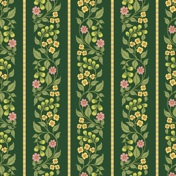 The Blossom Stripes Wallpaper combines soft floral beauty with classic symmetry, featuring vertical vines of pink, blue, and peach blossoms framed by pastel stripes.