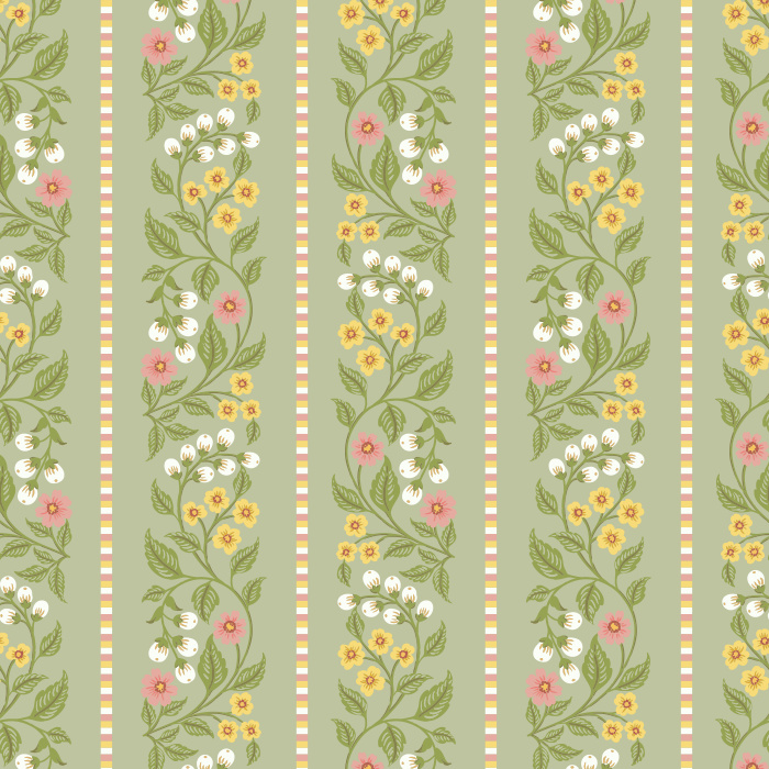 The Blossom Stripes Wallpaper combines soft floral beauty with classic symmetry, featuring vertical vines of pink, blue, and peach blossoms framed by pastel stripes.