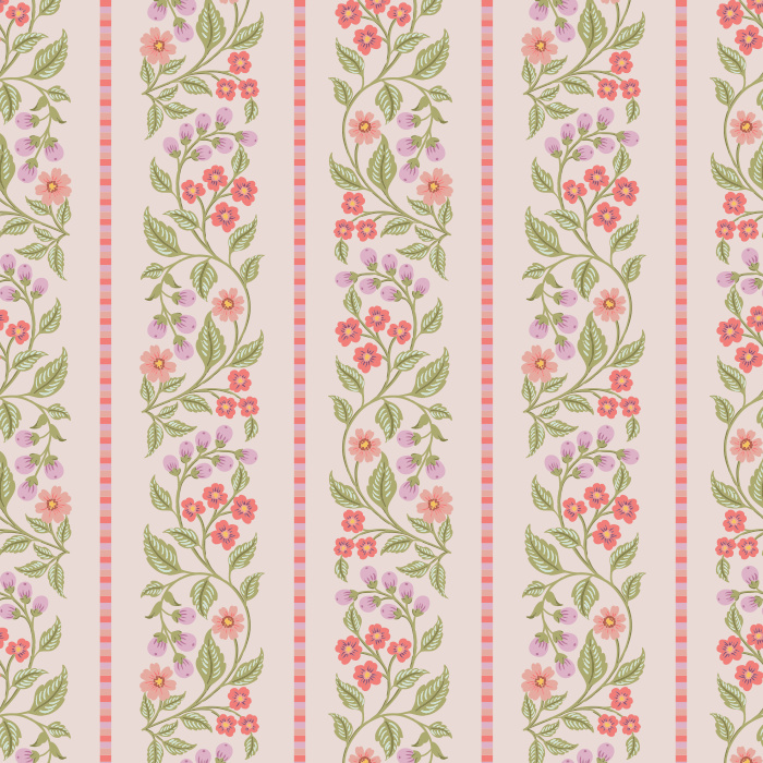 The Blossom Stripes Wallpaper combines soft floral beauty with classic symmetry, featuring vertical vines of pink, blue, and peach blossoms framed by pastel stripes.