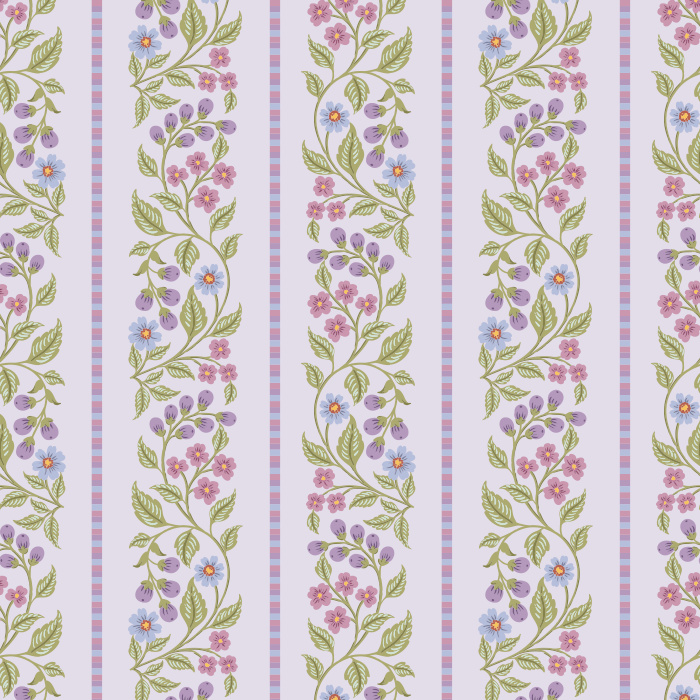 The Blossom Stripes Wallpaper combines soft floral beauty with classic symmetry, featuring vertical vines of pink, blue, and peach blossoms framed by pastel stripes.