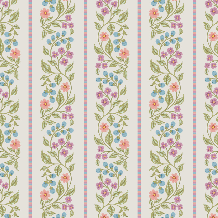 The Blossom Stripes Wallpaper combines soft floral beauty with classic symmetry, featuring vertical vines of pink, blue, and peach blossoms framed by pastel stripes.