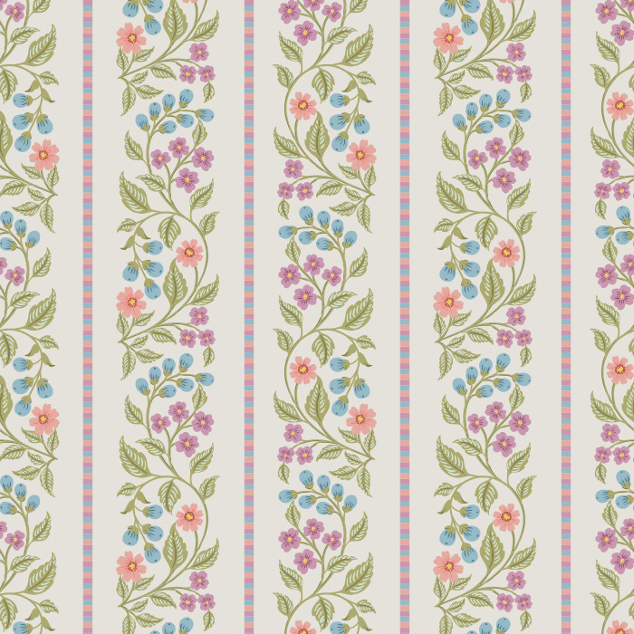 The Blossom Stripes Wallpaper combines soft floral beauty with classic symmetry, featuring vertical vines of pink, blue, and peach blossoms framed by pastel stripes.