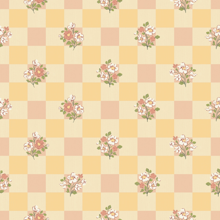 The Gingham Bloom Wallpaper blends cheerful cottage charm with vintage warmth, featuring soft yellow gingham checks adorned with dainty floral bouquets.