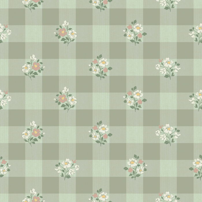 The Gingham Bloom Wallpaper blends cheerful cottage charm with vintage warmth, featuring soft yellow gingham checks adorned with dainty floral bouquets.