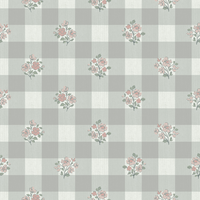The Gingham Bloom Wallpaper blends cheerful cottage charm with vintage warmth, featuring soft yellow gingham checks adorned with dainty floral bouquets.