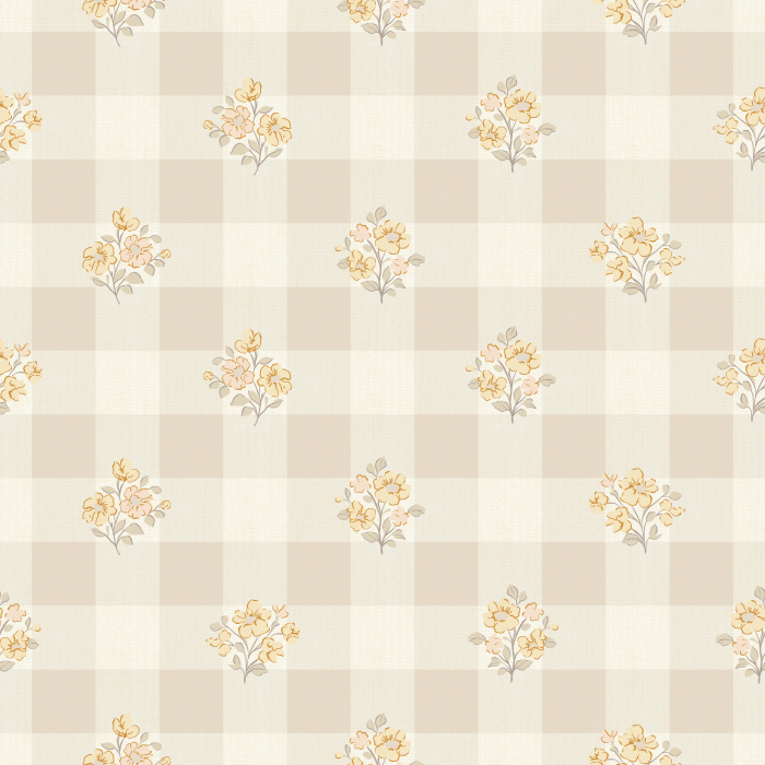 The Gingham Bloom Wallpaper blends cheerful cottage charm with vintage warmth, featuring soft yellow gingham checks adorned with dainty floral bouquets.