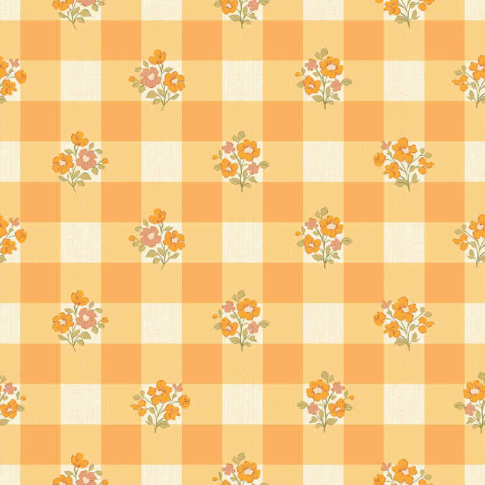 The Gingham Bloom Wallpaper blends cheerful cottage charm with vintage warmth, featuring soft yellow gingham checks adorned with dainty floral bouquets.