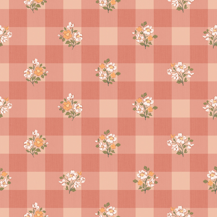 The Gingham Bloom Wallpaper blends cheerful cottage charm with vintage warmth, featuring soft yellow gingham checks adorned with dainty floral bouquets.