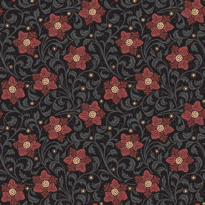 The Midnight Bloom Wallpaper captures the beauty of a moonlit garden with deep navy tones, scrolling vines, and crimson red blossoms.