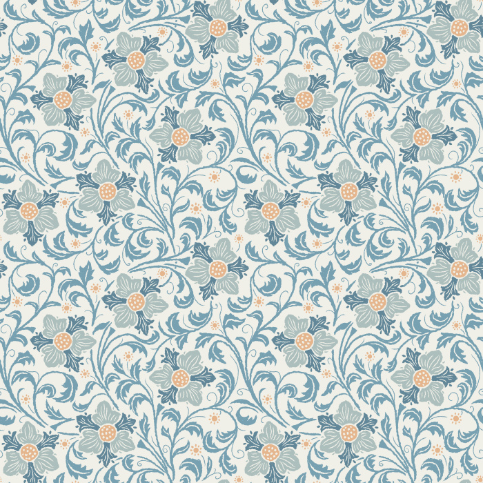The Midnight Bloom Wallpaper captures the beauty of a moonlit garden with deep navy tones, scrolling vines, and crimson red blossoms.