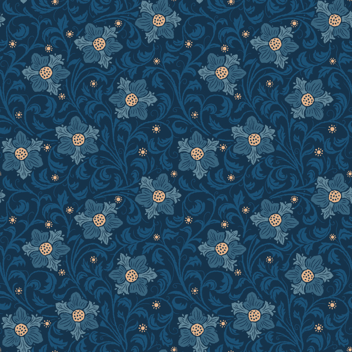 The Midnight Bloom Wallpaper captures the beauty of a moonlit garden with deep navy tones, scrolling vines, and crimson red blossoms.