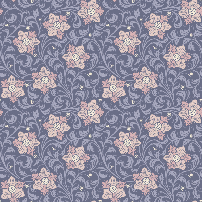 The Midnight Bloom Wallpaper captures the beauty of a moonlit garden with deep navy tones, scrolling vines, and crimson red blossoms.