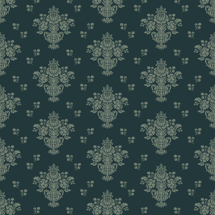 The Historic Damask Wallpaper brings timeless sophistication to your home with its classic damask pattern in soft taupe against a muted blue-gray background.