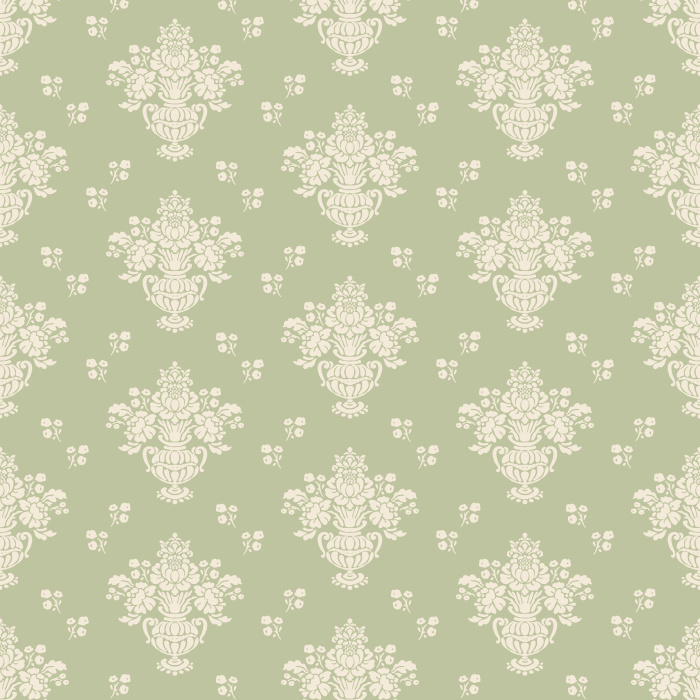 The Historic Damask Wallpaper brings timeless sophistication to your home with its classic damask pattern in soft taupe against a muted blue-gray background.