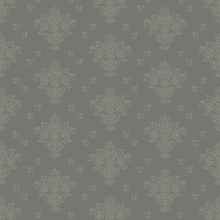 The Historic Damask Wallpaper brings timeless sophistication to your home with its classic damask pattern in soft taupe against a muted blue-gray background.