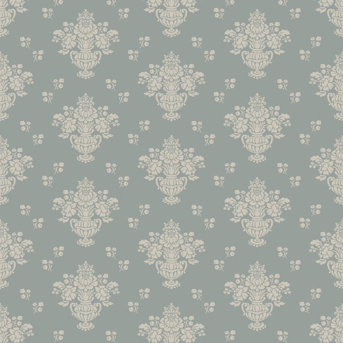 The Historic Damask Wallpaper brings timeless sophistication to your home with its classic damask pattern in soft taupe against a muted blue-gray background.