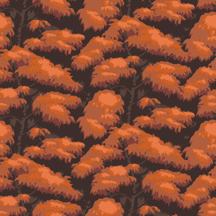 The Ficus Trees Wallpaper brings nature’s tranquility indoors with its lush layered pattern of deep blue foliage and earthy brown branches.