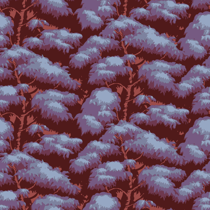 The Ficus Trees Wallpaper brings nature’s tranquility indoors with its lush layered pattern of deep blue foliage and earthy brown branches.