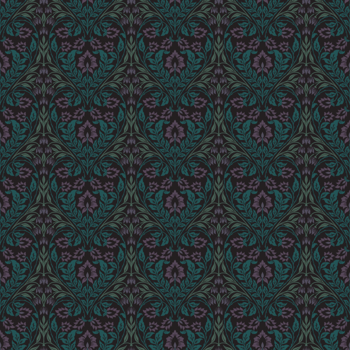 The Lush Vines Wallpaper features an intricate botanical design with cascading vines and floral details in soft rose and lavender tones against a rich forest green backdrop.