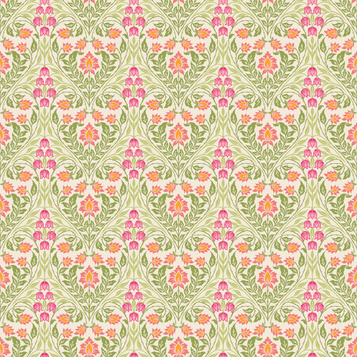 The Lush Vines Wallpaper features an intricate botanical design with cascading vines and floral details in soft rose and lavender tones against a rich forest green backdrop.