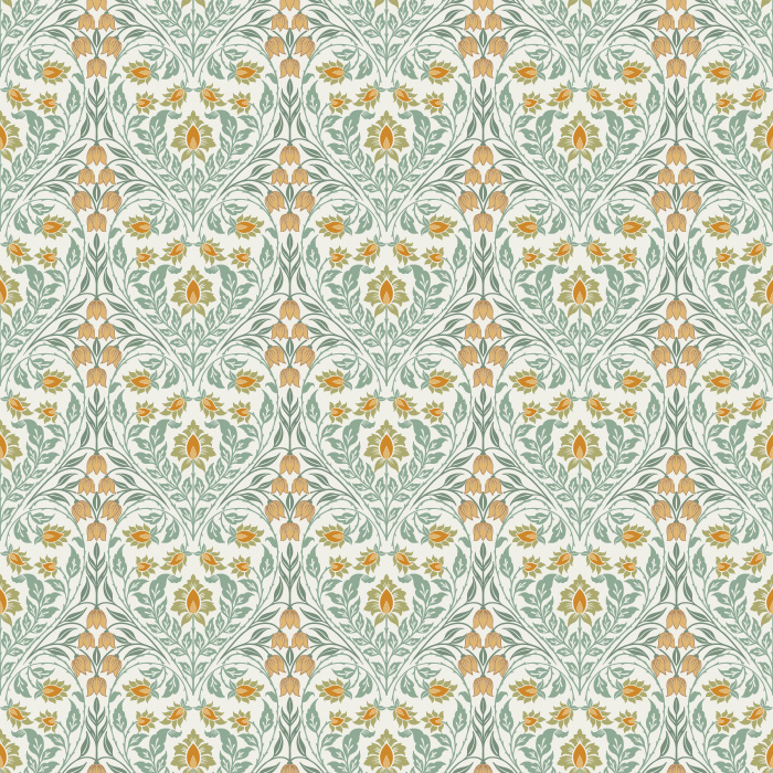 The Lush Vines Wallpaper features an intricate botanical design with cascading vines and floral details in soft rose and lavender tones against a rich forest green backdrop.