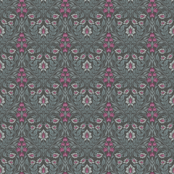 The Lush Vines Wallpaper features an intricate botanical design with cascading vines and floral details in soft rose and lavender tones against a rich forest green backdrop.