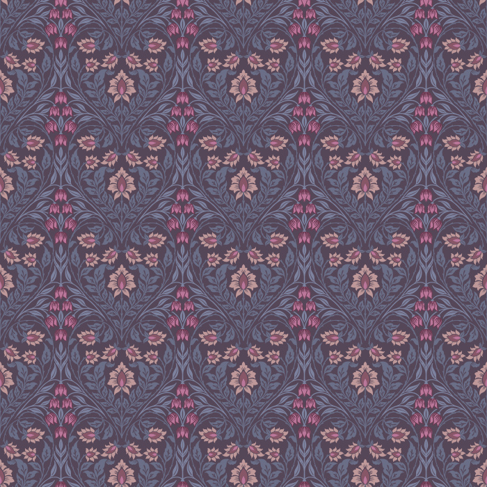 The Lush Vines Wallpaper features an intricate botanical design with cascading vines and floral details in soft rose and lavender tones against a rich forest green backdrop.
