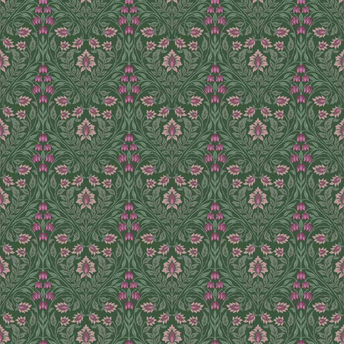 The Lush Vines Wallpaper features an intricate botanical design with cascading vines and floral details in soft rose and lavender tones against a rich forest green backdrop.