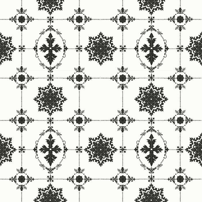 The Geometric Ornament Wallpaper showcases a refined vintage-inspired motif of navy star medallions and golden filigree accents on a muted sage green backdrop.