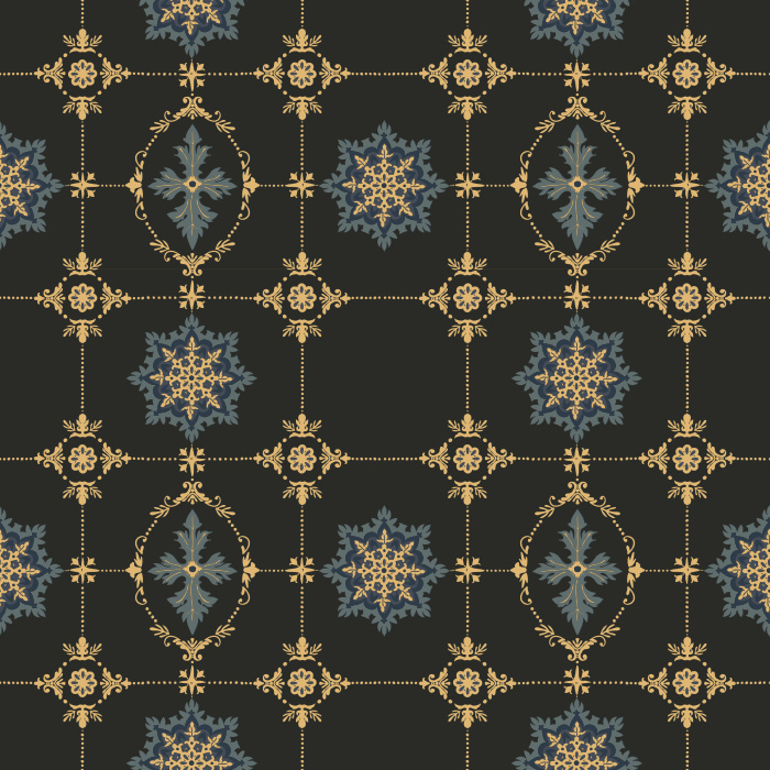 The Geometric Ornament Wallpaper showcases a refined vintage-inspired motif of navy star medallions and golden filigree accents on a muted sage green backdrop.