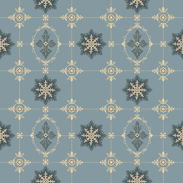 The Geometric Ornament Wallpaper showcases a refined vintage-inspired motif of navy star medallions and golden filigree accents on a muted sage green backdrop.