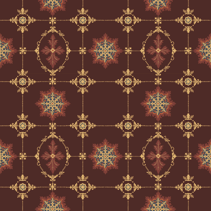 The Geometric Ornament Wallpaper showcases a refined vintage-inspired motif of navy star medallions and golden filigree accents on a muted sage green backdrop.