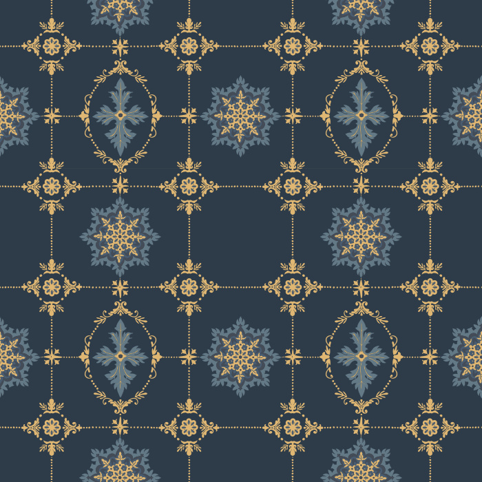 The Geometric Ornament Wallpaper showcases a refined vintage-inspired motif of navy star medallions and golden filigree accents on a muted sage green backdrop.