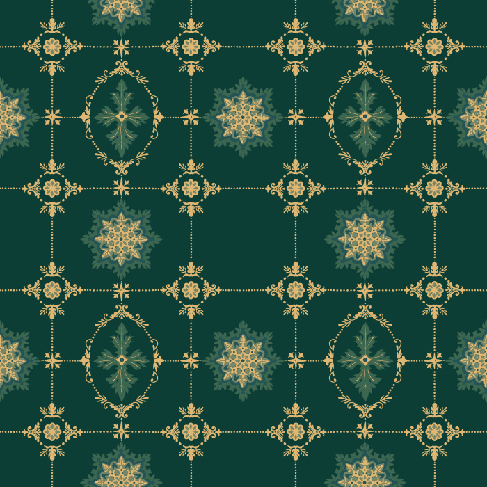 The Geometric Ornament Wallpaper showcases a refined vintage-inspired motif of navy star medallions and golden filigree accents on a muted sage green backdrop.