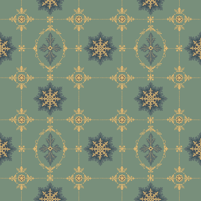 The Geometric Ornament Wallpaper showcases a refined vintage-inspired motif of navy star medallions and golden filigree accents on a muted sage green backdrop.
