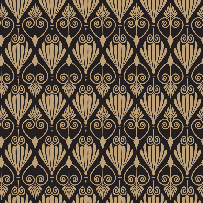 The Athenian Deco Wallpaper channels timeless Art Deco luxury with its geometric fan and scroll pattern in warm gold on a deep charcoal background.