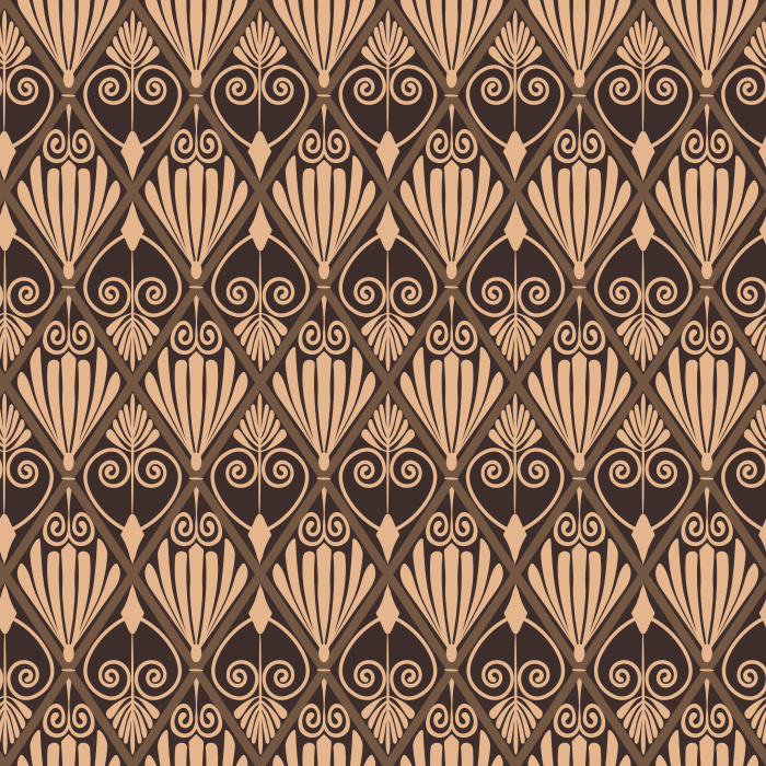 The Athenian Deco Wallpaper channels timeless Art Deco luxury with its geometric fan and scroll pattern in warm gold on a deep charcoal background.