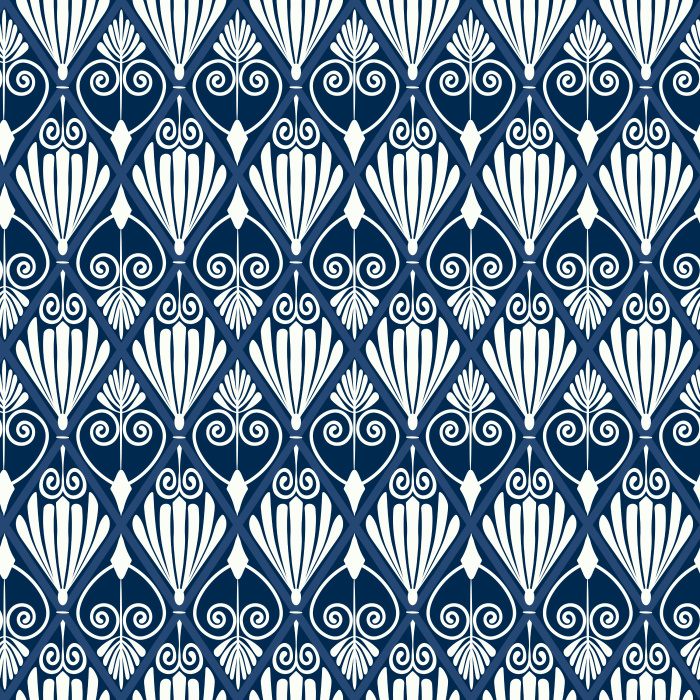 The Athenian Deco Wallpaper channels timeless Art Deco luxury with its geometric fan and scroll pattern in warm gold on a deep charcoal background.