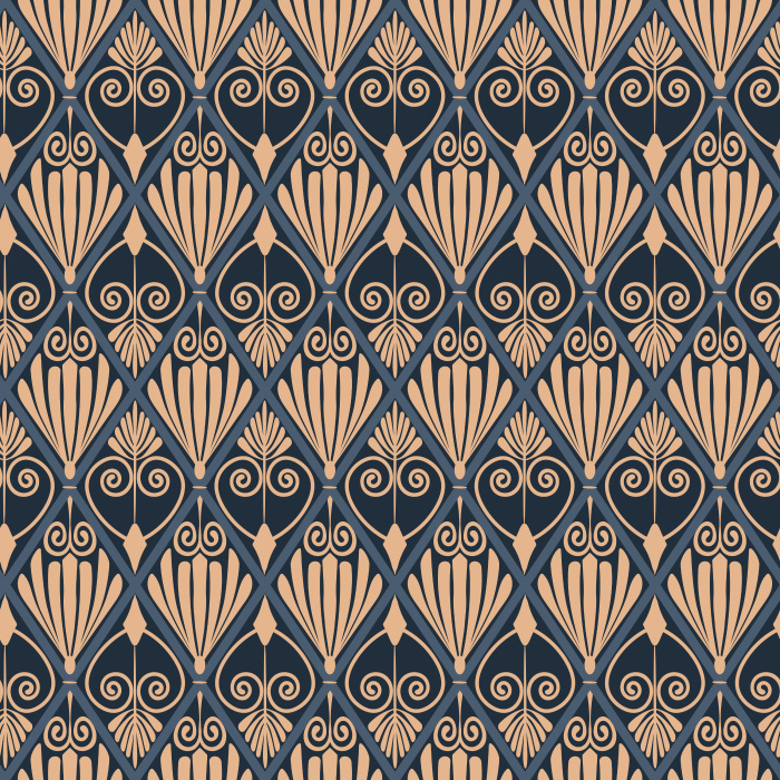The Athenian Deco Wallpaper channels timeless Art Deco luxury with its geometric fan and scroll pattern in warm gold on a deep charcoal background.
