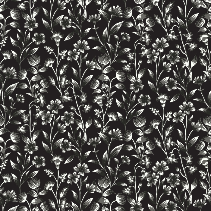 The Floral Silhouettes Wallpaper features a delicate botanical design of ivory flowers and leafy vines on a muted blue-gray background.
