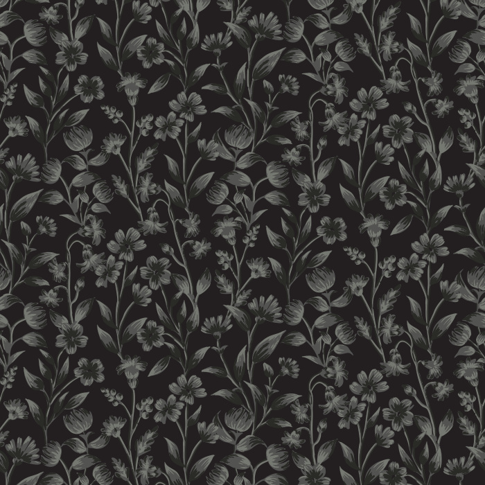 The Floral Silhouettes Wallpaper features a delicate botanical design of ivory flowers and leafy vines on a muted blue-gray background.